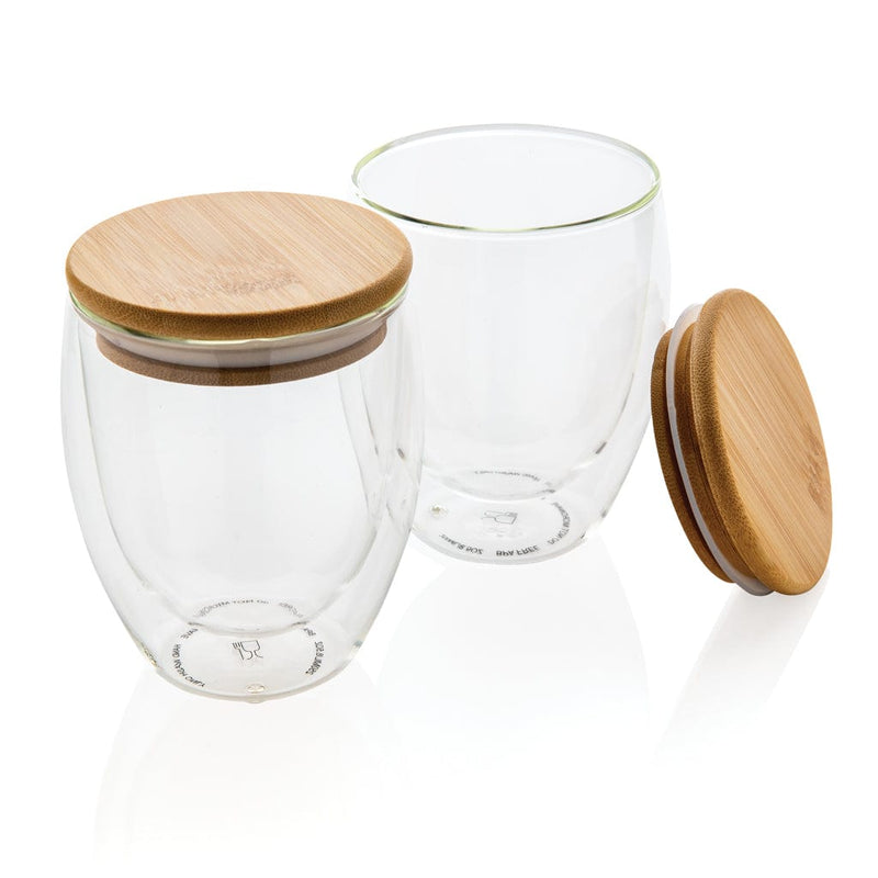 Set 2 bicchieri in vetro borosilicato con tappo in bambù 250 ml trasparente - personalizzabile con logo