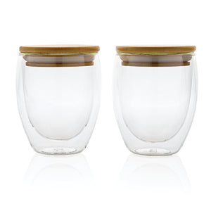 Set 2 bicchieri in vetro borosilicato con tappo in bambù 250 ml trasparente - personalizzabile con logo