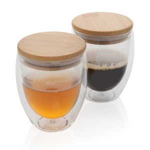 Set 2 bicchieri in vetro borosilicato con tappo in bambù 250 ml trasparente - personalizzabile con logo