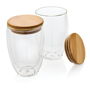 Set 2 bicchieri in vetro borosilicato con tappo in bambù 350 ml trasparente - personalizzabile con logo