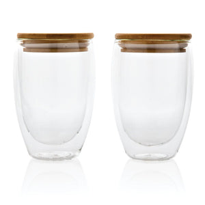 Set 2 bicchieri in vetro borosilicato con tappo in bambù 350 ml trasparente - personalizzabile con logo