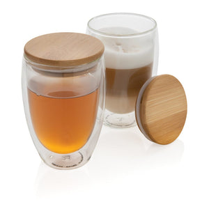 Set 2 bicchieri in vetro borosilicato con tappo in bambù 350 ml trasparente - personalizzabile con logo