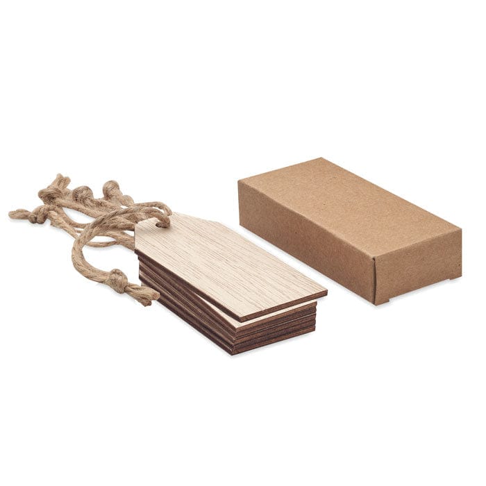 Set 6 etichette regalo in legno beige - personalizzabile con logo