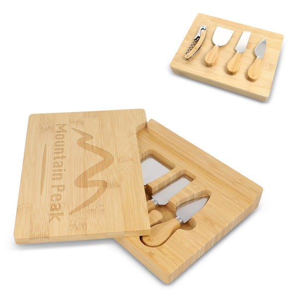 Set da portata per formaggio e vino in bambù da 4 pezzi natural - personalizzabile con logo
