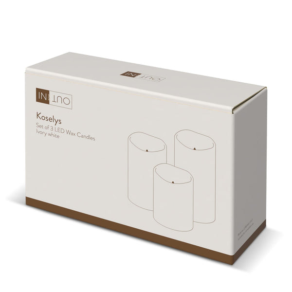 Set di 3 candele in cera LED Koselys (alimentate a batteria) Avorio - personalizzabile con logo