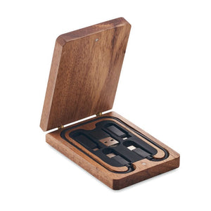 Set di cavi 3 in 1 in custodia di legno Legno - personalizzabile con logo