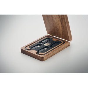 Set di cavi 3 in 1 in custodia di legno Legno - personalizzabile con logo