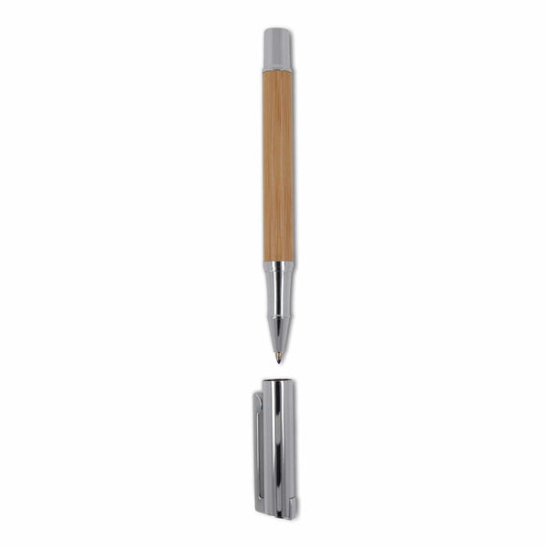 Set di penna a sfera e roller in metallo con scatola regalo in bambù natural - personalizzabile con logo