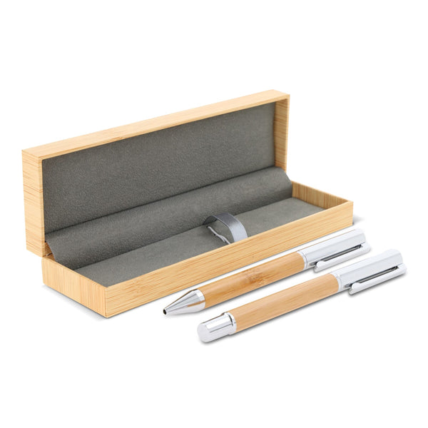 Set di penna a sfera e roller in metallo con scatola regalo in bambù natural - personalizzabile con logo