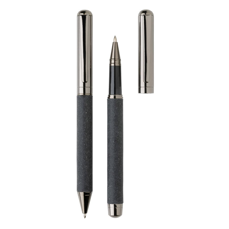 Set di penne in pelle riciclata grigio - personalizzabile con logo