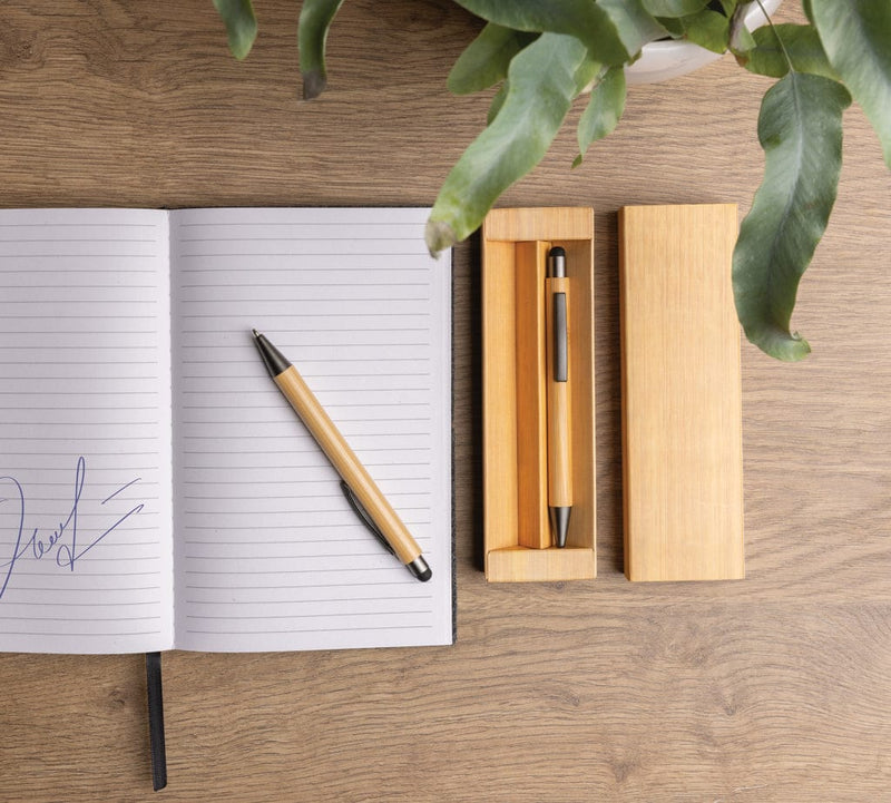Set di penne in scatola di bambù marrone - personalizzabile con logo