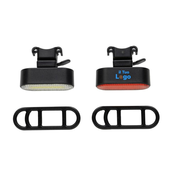 Set luci USB ricaricabili da bicicletta Lumino in rPlastica nero - personalizzabile con logo