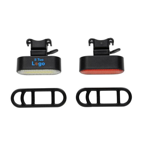 Set luci USB ricaricabili da bicicletta Lumino in rPlastica nero - personalizzabile con logo