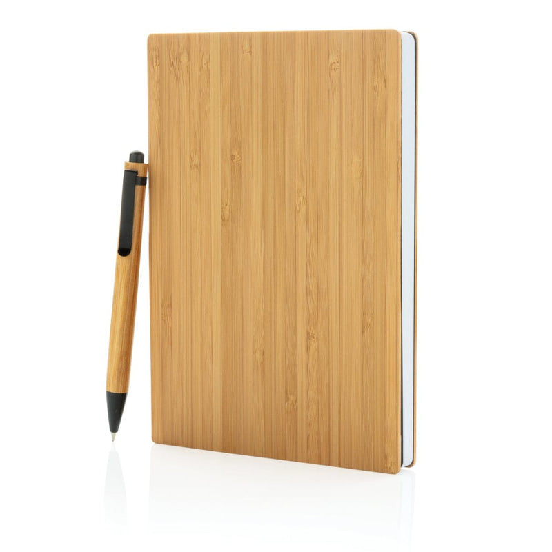 Set penna e taccuino A5 in bambù marrone - personalizzabile con logo