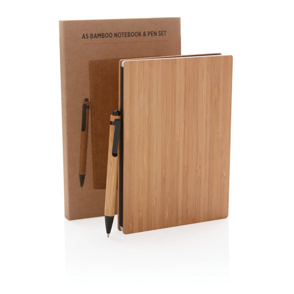 Set penna e taccuino A5 in bambù marrone - personalizzabile con logo