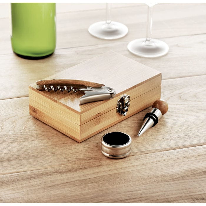 Set vino con scatola in bambu beige - personalizzabile con logo