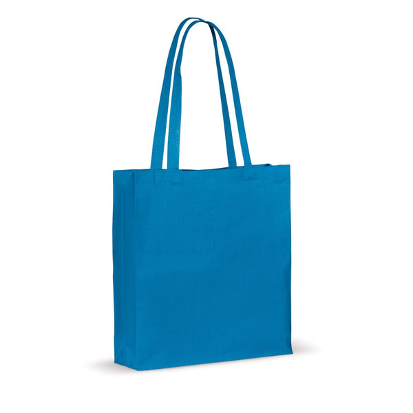 Shopper in cotone OEKO-TEX 140g soffietto colorata azzurro - personalizzabile con logo