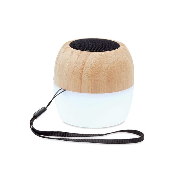 Spaker in bamboo 5.0 con luce d'atmosfera a 4 colori e tracolla beige - personalizzabile con logo