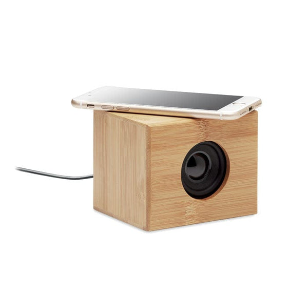 Speaker in bamboo senza fili 5. Cubo beige - personalizzabile con logo