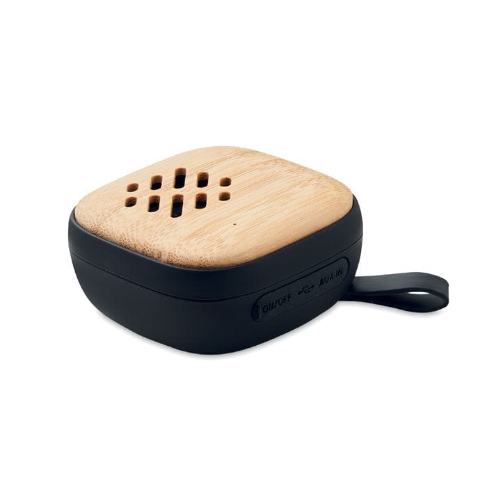 Speaker wireless in bamboo 5.0 con manico in silicone Nero - personalizzabile con logo