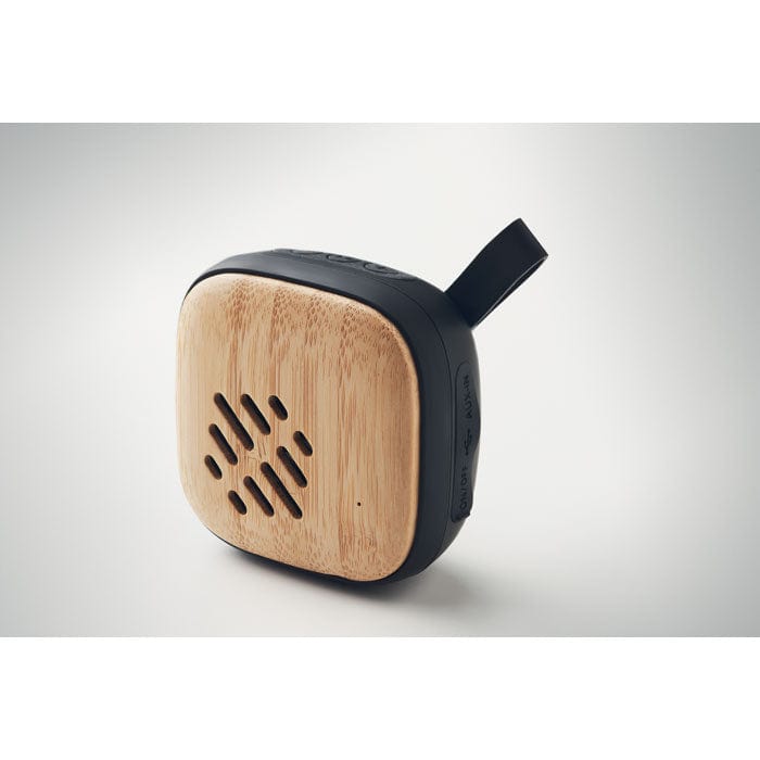 Speaker wireless in bamboo 5.0 con manico in silicone Nero - personalizzabile con logo