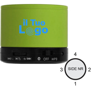 Speaker wireless rotondo in ABS con finitura gommata e LED - personalizzabile con logo