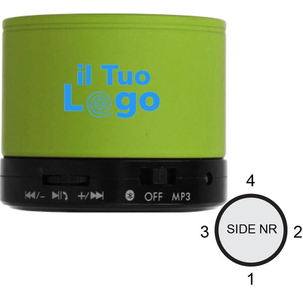 Speaker wireless rotondo in ABS con finitura gommata e LED - personalizzabile con logo