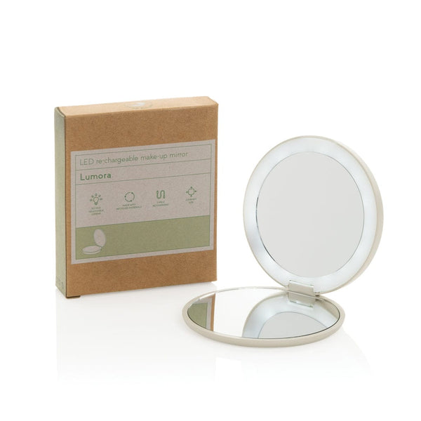 Specchietto LED ricaricabile Lumora in rPlastica RCS beige - personalizzabile con logo