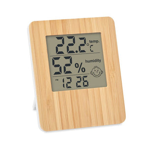 Stazione meteo in bamboo con termometro multifunzione beige - personalizzabile con logo