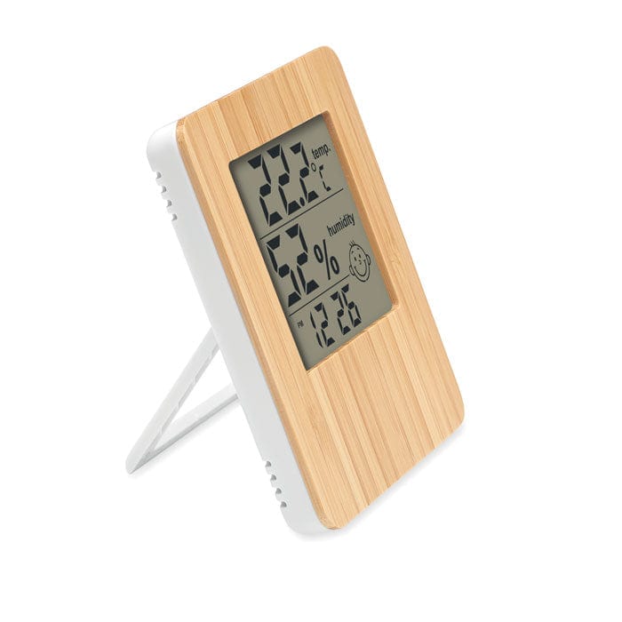 Stazione meteo in bamboo con termometro multifunzione beige - personalizzabile con logo