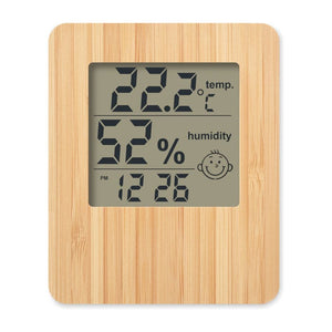 Stazione meteo in bamboo con termometro multifunzione beige - personalizzabile con logo