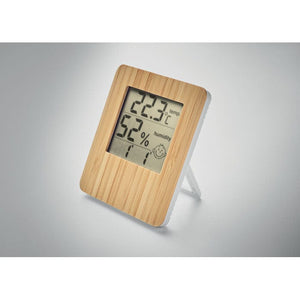 Stazione meteo in bamboo con termometro multifunzione beige - personalizzabile con logo