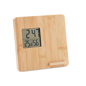 Stazione meteo in bamboo con supporto smartphone beige - personalizzabile con logo