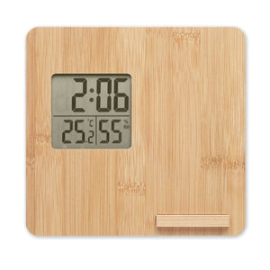 Stazione meteo in bamboo con supporto smartphone beige - personalizzabile con logo