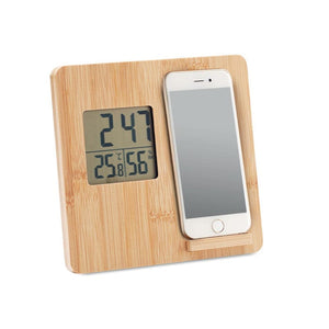 Stazione meteo in bamboo con supporto smartphone beige - personalizzabile con logo