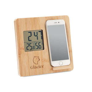 Stazione meteo in bamboo con supporto smartphone beige - personalizzabile con logo