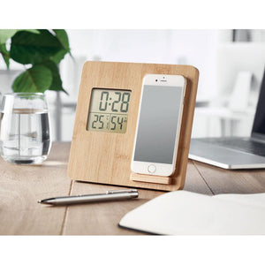 Stazione meteo in bamboo con supporto smartphone beige - personalizzabile con logo