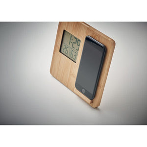 Stazione meteo in bamboo con supporto smartphone beige - personalizzabile con logo