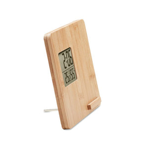 Stazione meteo in bamboo con supporto smartphone beige - personalizzabile con logo