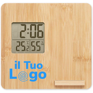 Stazione meteo in bamboo con supporto smartphone beige - personalizzabile con logo