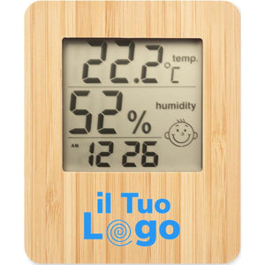Stazione meteo in bamboo con termometro multifunzione beige - personalizzabile con logo