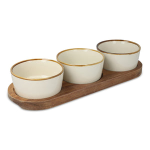 Supporto in legno con 3 ciotole rotonde in ceramica beige - personalizzabile con logo
