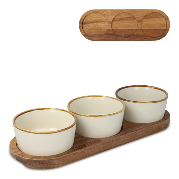 Supporto in legno con 3 ciotole rotonde in ceramica beige - personalizzabile con logo