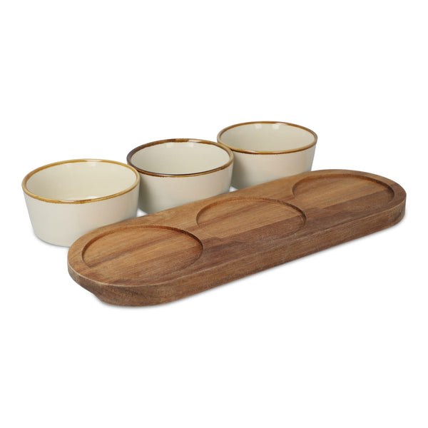 Supporto in legno con 3 ciotole rotonde in ceramica beige - personalizzabile con logo