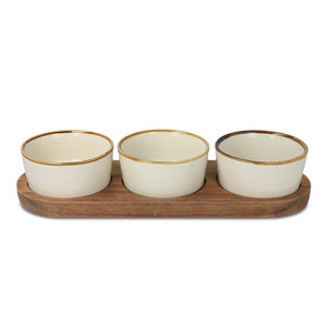 Supporto in legno con 3 ciotole rotonde in ceramica beige - personalizzabile con logo