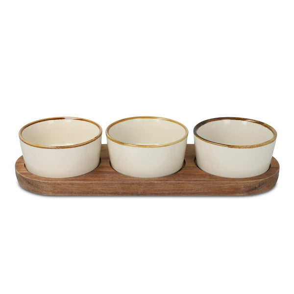 Supporto in legno con 3 ciotole rotonde in ceramica beige - personalizzabile con logo