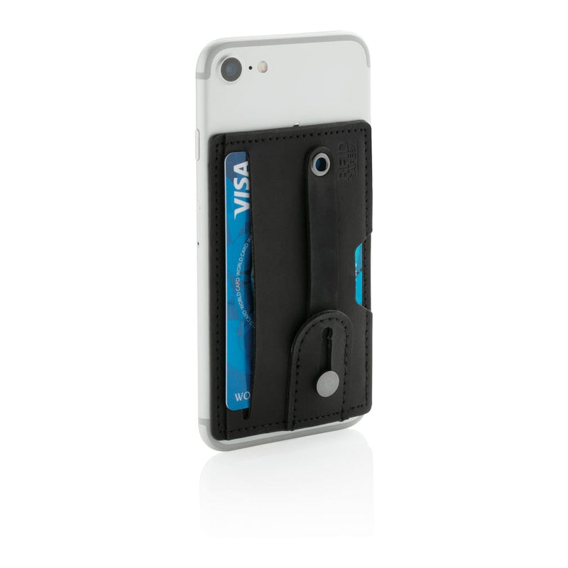 Supporto per telefono e porta carte RFID 3 in 1 nero - personalizzabile con logo