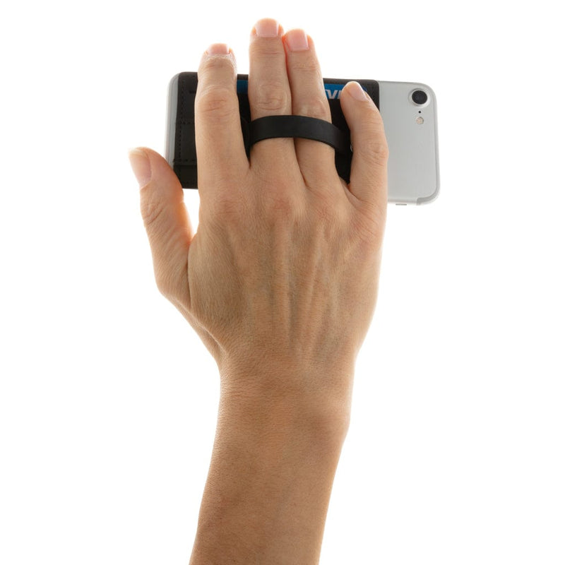 Supporto per telefono e porta carte RFID 3 in 1 nero - personalizzabile con logo