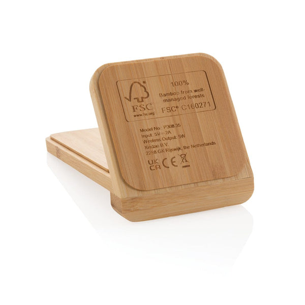 Supporto ricarica wireless 5W in bambù certificato FSC marrone - personalizzabile con logo
