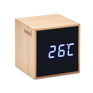 Sveglia in bamboo Cubo beige - personalizzabile con logo